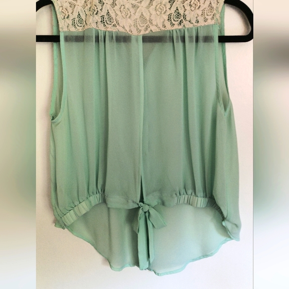 Iris Los Angeles Light Teal Sheer Button-up Top with Lace - Picture 2 of 4